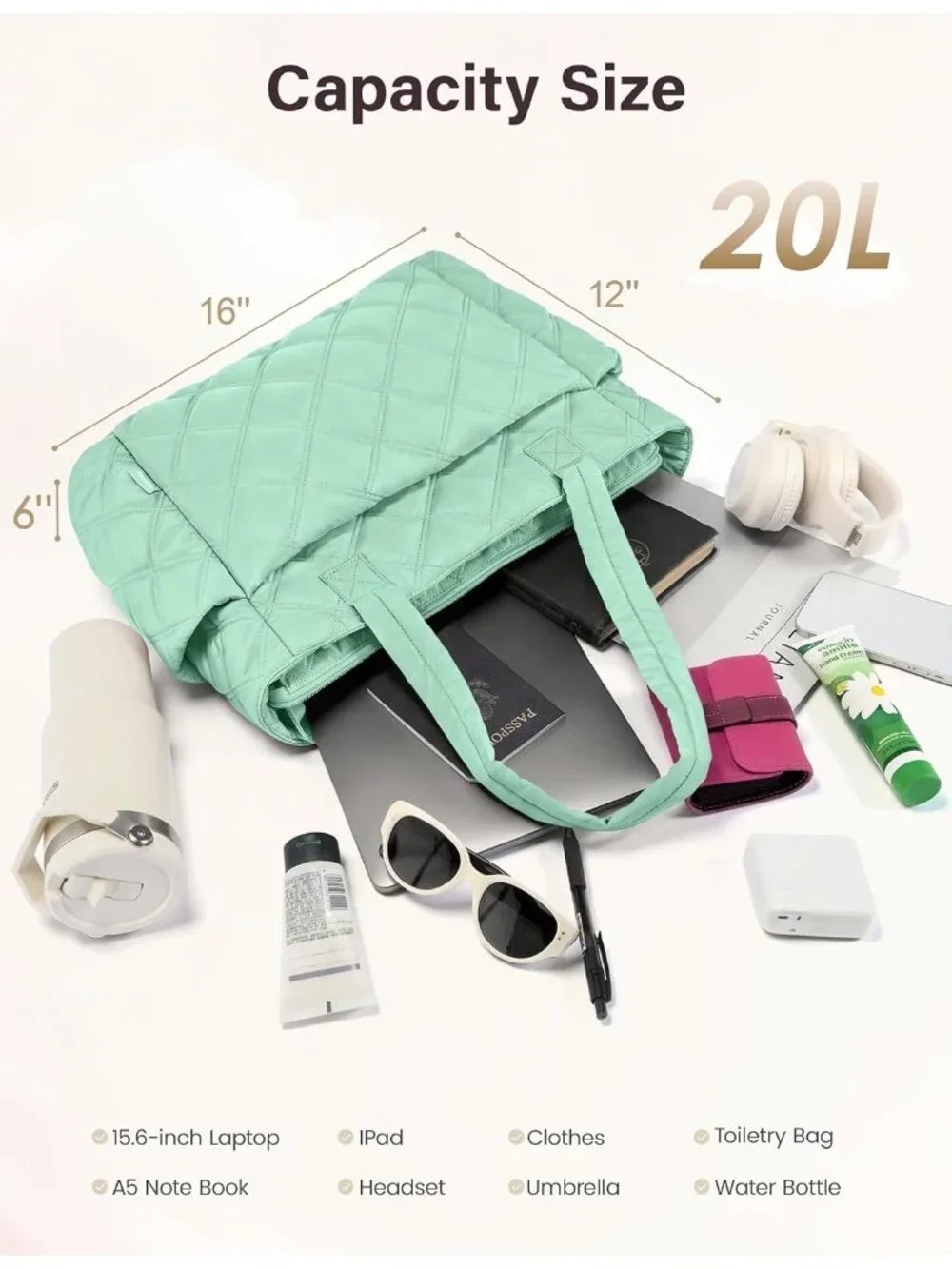 👜Women's Brook Green Puffer Tote Bags Lightweight Quilted Work For Travel